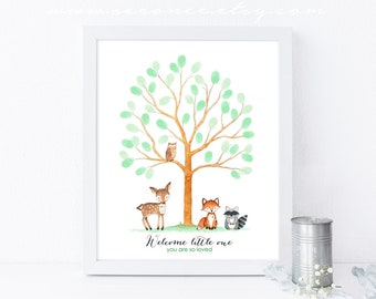 Woodland Animals Fingerprint Tree Guestbook Alternative, Forest Animal Baby Shower Thumbprint Guestbook Birthday Gift DIGITAL FILE Printable
