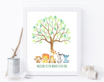 Libro de visitas de Jungle Animals, alternativa de libro de visitas de safari baby shower, árbol de huellas digitales, póster de huellas digitales Archivo digital, libro de visitas de cebra león