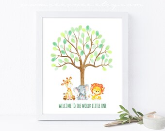 Libro de visitas Jungle Thumbprint, libro de visitas Safari Baby Shower, árbol de huellas digitales. Libro de visitas Elefante Jirafa León Archivo digital imprimible