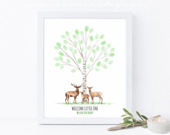 Deer Baby shower fingerprint tree Guestbook alternative, Birthday Thumbprint guestbook Family tree Digital file printable, Deer birch tree