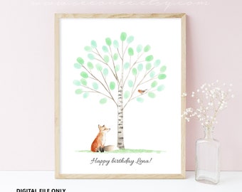 Fox Fingerprint tree guest book poster, Forest thumbprint guestbook alternative, baby shower gift, birthday gift printable, digital file