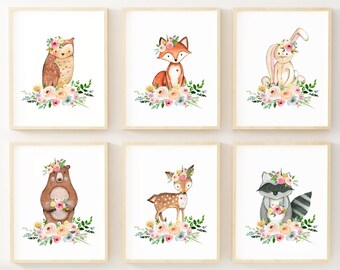 16x20" Set of 6 flower woodland animals nursery art print, forest animals wall art printable, digital file INSTANT DOWNLOAD, baby girl gift