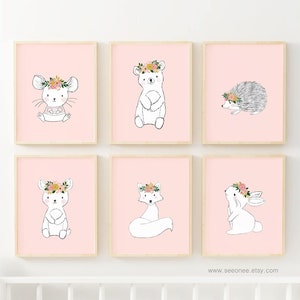 INSTANT DOWNLOAD Digital file Set of 6 cute animals nursery art print, mouse fox bear hedgehog rabbit deer bunny fox animals wall art poster