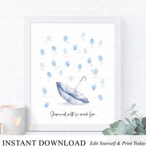 INSTANT DOWNLOAD Editable Navy Umbrella Fingerprint Guestbook, Showered With Love Thumbprint Sign Poster Gift, Bridal Shower Guest Book Gift image 2