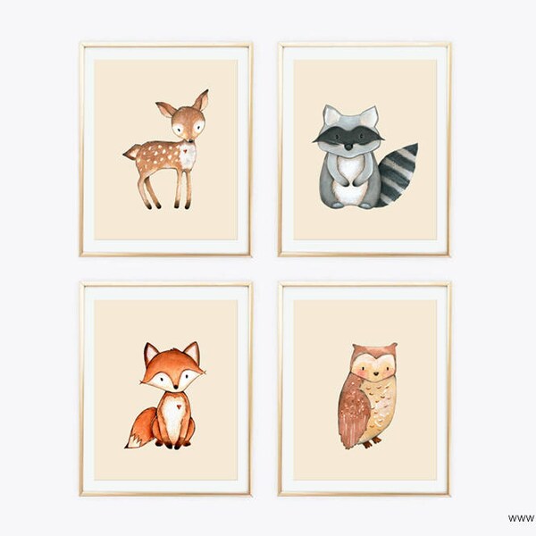 Woodland animals nursery art printable - sand forest animals wall art digital file set of 4 - kids room decor 8x10" - deer fox raccoon owl