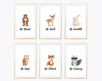 3x5 INSTANT DOWNLOAD Woodland animals nursery art printable, Set of 6 forest animals wall art print digital file, be kind be curious poster