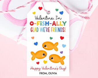Valentine's Day Goldfish Tags Printable O-Fish-ally Glad We're Friends Valentine Gift Tag Preschool Classroom School Ofishally Gift Cards