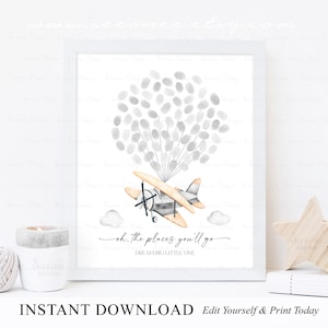 INSTANT DOWNLOAD Editable Oh The Places You&#39;ll Go! Airplane Birthday Fingerprint Guestbook Sign, Up Up And Away Party Thumbprint Poster Gift