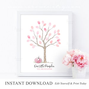 May include: A printable pink and brown watercolor tree with leaves for guests to place their fingerprints on. The tree is surrounded by the text "Our Little Pumpkin You Are So Loved".