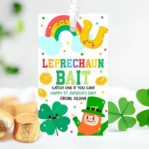 May include: A St. Patrick's Day gift tag with a rainbow, horseshoe, and gold coins. The tag reads "Leprechaun Bait" with the text "Catch one if you can! Happy St. Patrick's Day! From Olivia."
