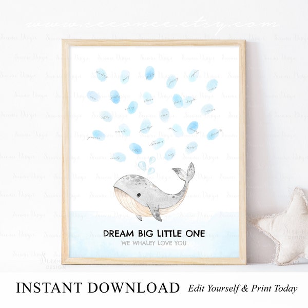 INSTANT DOWNLOAD Editable Whale Fingerprint Guestbook Alternative, Nautical Party Thumbprint Poster Sign, Whale Birthday Gift, Baby Keepsake