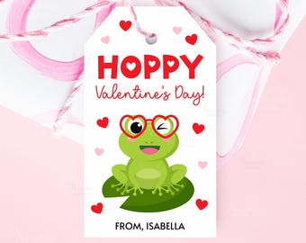Valentines Frog Gift Tag Editable Frog Hoppy Valentine's Day Tag For Classmate Class Friends School Students Kids Valentine Favor Label Card