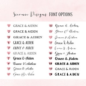 May include: A white background displays a variety of font options for "Grace & Aiden." The text is presented in different styles, from elegant scripts to bold, block letters, each numbered with a pink heart. The title "Seconer Designs FONT OPTIONS" is at the top.