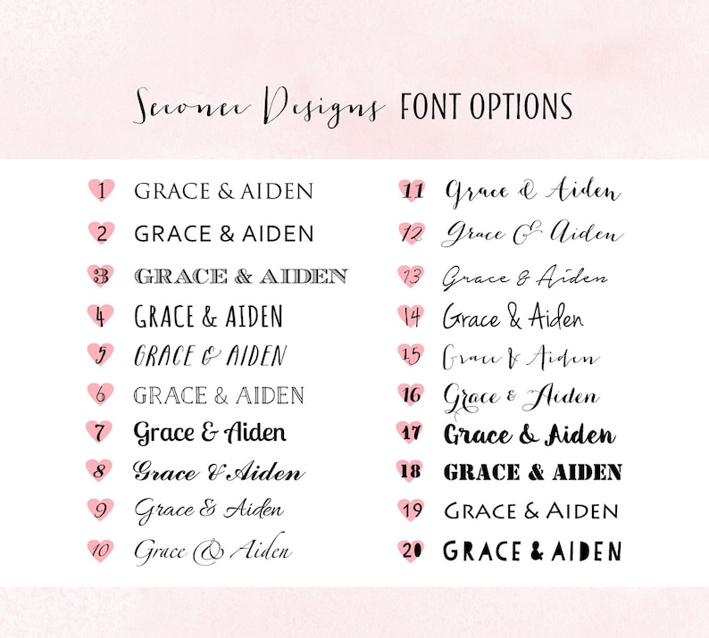 May include: A chart with 20 font options for the names "Grace & Aiden". Each option is numbered and features a different font style.