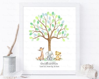 DESCARGA INSTANTE Editable Safari Baby Shower Thumbprint Libro de visitas Alternativa, Jirafa Elefante León Salvaje Un Cumpleaños Cartel de huellas dactilares