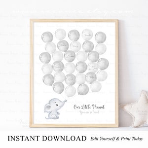 INSTANT DOWNLOAD Editable Gray Gender Neutral Baby Elephant Balloon Guest Book Poster Sign, Sign In Balloon Poster, Guestbook Alternative