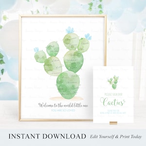 INSTANT DOWNLOAD Modificabile Blue Cactus Baby Shower Guestbook Alternativa, Succulent Baby Shower Guest Book Sign, Cactus Fiesta Keepsake Gift