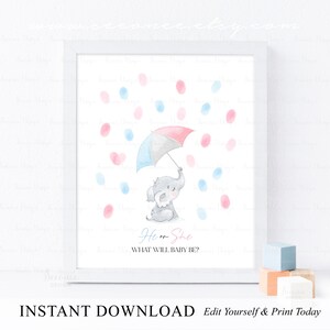 INSTANT DOWNLOAD Editable Pink Blue Gender Reveal Fingerprint Guestbook Alternative, He or She What Will Baby Be Elephant Gender Guess Sign
