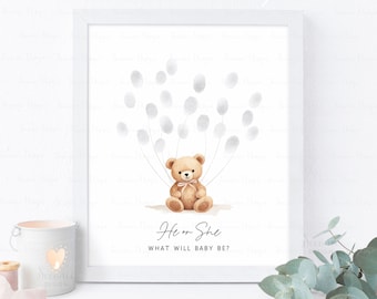 Brown Teddy Bear Gender Reveal Fingerprint Guest Book Sign, He Or She, What Will Baby Be, Teddy Bear Thumbprint Guestbook Poster Gift Ideas