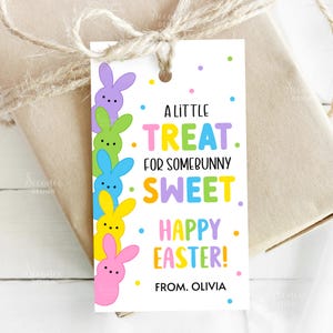 May include: A gift tag with a colorful Easter theme. The tag features a stack of cartoon bunny rabbits in purple, green, blue, yellow, and pink. Text on the tag reads "A Little Treat For Somebunny Sweet Happy Easter!" and "From Olivia."