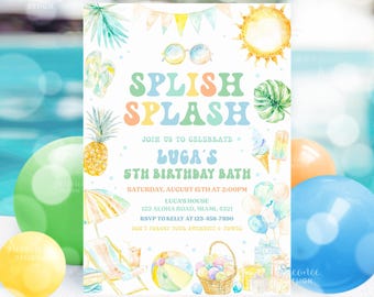 Editable Summer Splish Splash Water Birthday Party Invitation Splash Pad Water Slide Paddling Pool Party Invitation Instant Download PB01