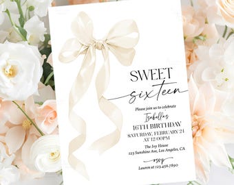 Sweet 16 Birthday Invitation White Bow Sweet Sixteen Invitation Editable Template Girl Coquette Ivory Bow 16th Birthday Party Invite A2W1