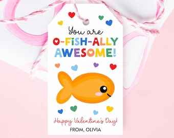 Valentine Goldfish Gift Tag Printable You Are O-Fish-Ally Awesome Happy Valentine's Day Cards Classroom Kids Friends Class Digital Download