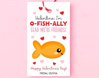 Printable Valentine Goldfish Tags O-Fish-ally Glad We're Friends Kids Valentine Gift Tag Preschool Classroom School O Fish Ally Gift Cards