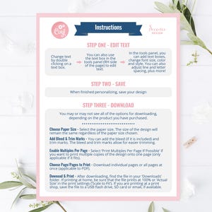 May include: A pink and white instructional guide with the Corjl logo. The guide provides instructions on editing text, saving the design, and downloading the file. The text is in a dark blue font. The guide includes steps for choosing paper size and printing.