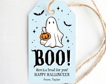 Bu, här är en godbit till dig Halloween-presentetikett, utskrivbara Halloween-presentetiketter, blå läskig bus eller godis-Halloween-presentetikett, redigerbar