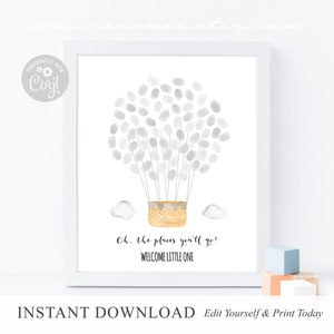 INSTANT DOWNLOAD Editable Gender Neutral Baby Shower Gray Hot Air Balloon Fingerprint Guestbook Alternative, Thumbprint Guest Book Sign