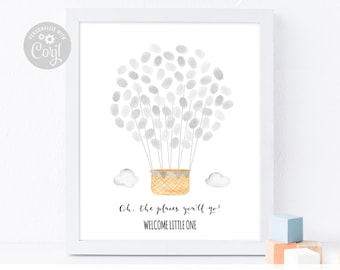 SOFORTIGER DOWNLOAD Bearbeitbare, geschlechtsneutrale Babyparty-Gästebuch-Alternative mit grauem Heißluftballon-Fingerabdruck, Fingerabdruck-Gästebuchschild