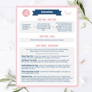 May include: Instructions for editing and downloading a digital design. The instructions include steps for changing text, saving the design, and choosing paper size, bleed and trim marks, and print settings.