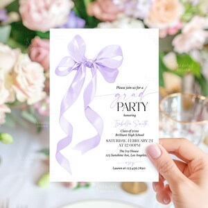 May include: A white graduation party invitation featuring a light purple ribbon illustration. The invitation includes the text "Please join us for a grad party" and event details: honoree's name, school, date, time, and venue.