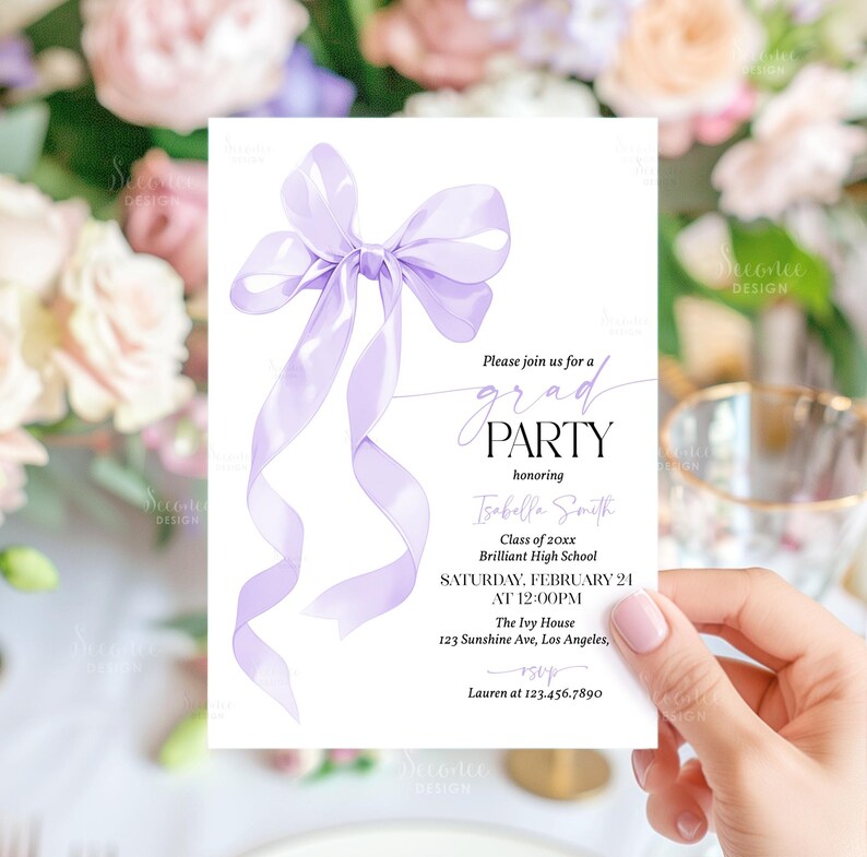 May include: A white graduation party invitation featuring a light purple ribbon illustration. The invitation includes the text "Please join us for a grad party" and event details: honoree's name, school, date, time, and venue.