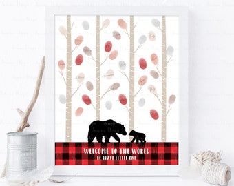 INSTANT DOWNLOAD Editable Red Plaid Lumberjack Bear Baby Shower Fingerprint Tree Guest Book Alternative, Little Cub Thumbprint Poster Sign