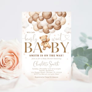 Invito per baby shower con orsacchiotto marrone neutro, genere modificabile, modello stampabile per invito per baby shower con palloncino a forma di orso, possiamo aspettare con difficoltà A1A2