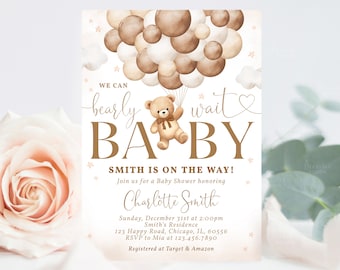 Editable Gender Neutral Brown Teddy Bear Baby Shower Invitation, We Can Bearly Wait Bear Balloon Baby Shower Invite Printable Template A1A2