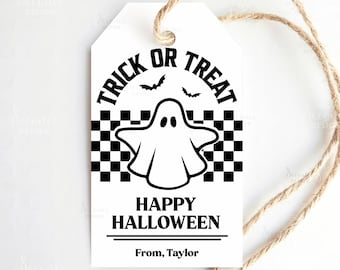 Trick Or Treat Happy Halloween Gift Tag Printable, Retro Halloween Tag, Trick Or Treat Favor Tag, Halloween Treat Bag Tags Editable Template