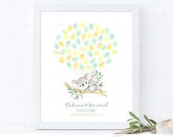 INSTANT DOWNLOAD Editable Greenery Koala Baby Shower Fingerprint Guestbook Alternative Gift, Gender Neutral Koala Thumbprint Poster Sign