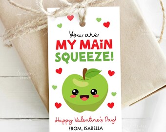 Valentine Green Applesauce Gift Tag Printable You're My Main Squeeze Tag Cute Apple Valentines Day Tag Editable Applesauce Pouch Treat Label