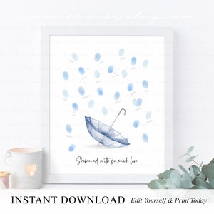 INSTANT DOWNLOAD Editable Navy Umbrella Fingerprint Guestbook, Showered With Love Thumbprint Sign Poster Gift, Bridal Shower Guest Book Gift image 1