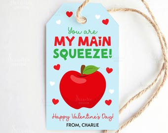 Printable Valentines Applesauce Gift Tag You're My Main Squeeze Valentine's Day Gift Tag Template Cute Apple Valentine Tag Editable Card