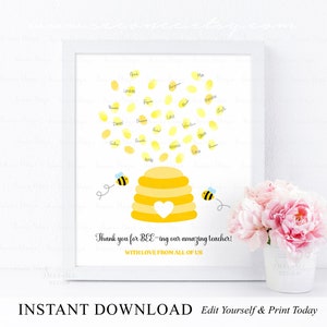 Bewerkbare Bee vingerafdruk kunst leraar waardering cadeau-ideeën, bedankt voor het feit dat je een geweldige leraar poster cadeau bent, einde van het jaar vingerafdruk cadeau