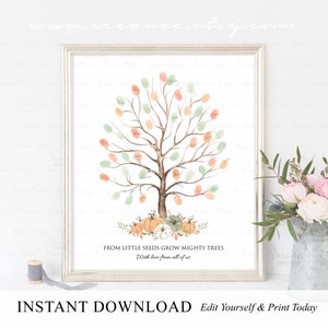 May include: A printable autumn-themed fingerprint tree guest book with a watercolor illustration of a tree with orange and green leaves. The text reads "From little seeds grow mighty trees. With love from all of us."