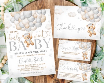May include: A baby shower invitation with a cute teddy bear holding balloons. The invitation is decorated with snowflakes and clouds. The text on the invitation reads "We can barely wait baby" and "Smith is on the way!"  The invitation also includes the date, time, and location of the baby shower.