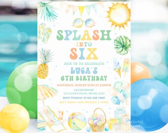 Editable Splash Into Six 6th Birthday Pool Party Invitation Summer Splish Splash Boy Pool Party Invitation Printable Instant Download PB01