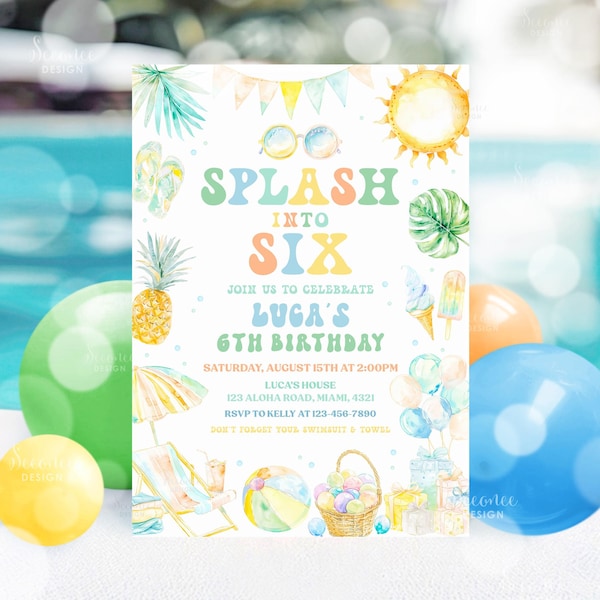 Editable Splash Into Six 6th Birthday Pool Party Invitation Summer Splish Splash Boy Pool Party Invitation Printable Instant Download PB01