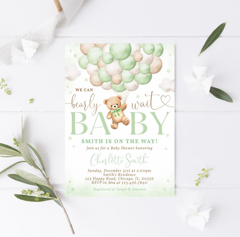 Editable Green Bear Baby Shower Invitation Bundle, We Can Bearly Wait ...