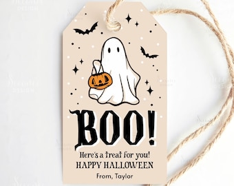 Utskrivbar "Bus, här är en godbit till dig" Halloween-presentetikett, Glad Halloween-etikett, Retro "Bus or Treat"-påsetikett Redigerbar mall Spöklika etiketter